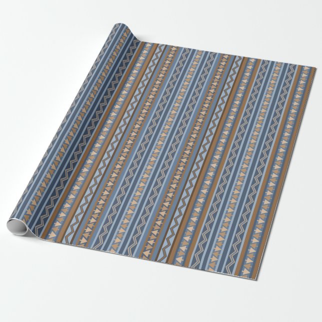 Papel De Presente Padrão Geométrico Azul e Marrom no Estilo Sudoeste (Desenrolado)