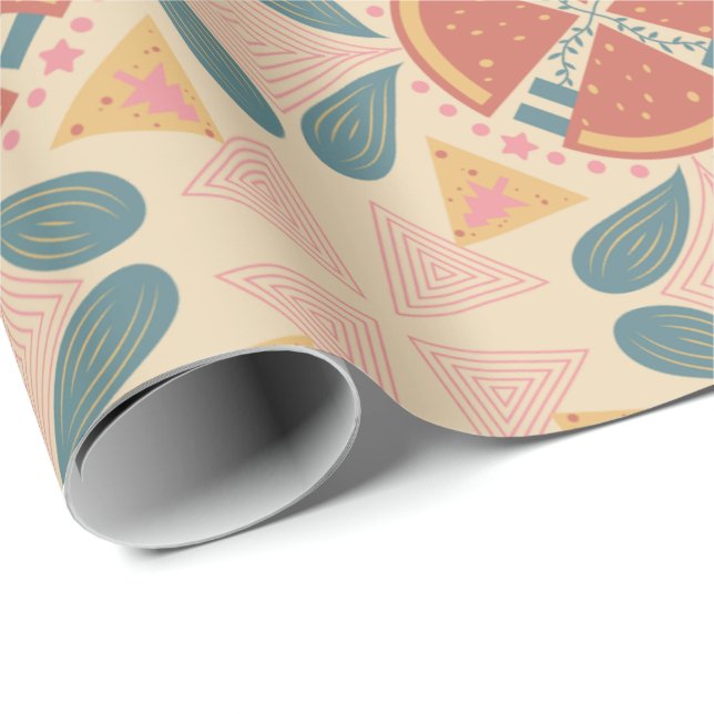 Papel De Presente Padrão geométrico com estrelas laranja e rosa (Ponta do rolo)