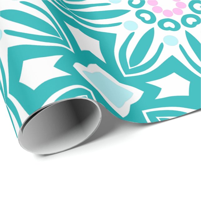 Papel De Presente Padrão geométrico com motivo azul-turquesa, branco (Ponta do rolo)
