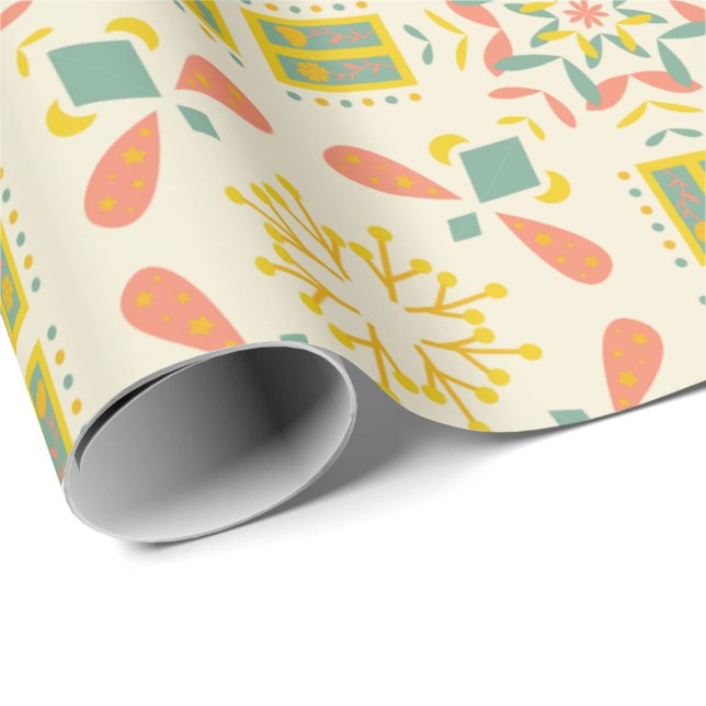 Papel De Presente Padrão geométrico contínuo com amarelo, rosa (Ponta do rolo)