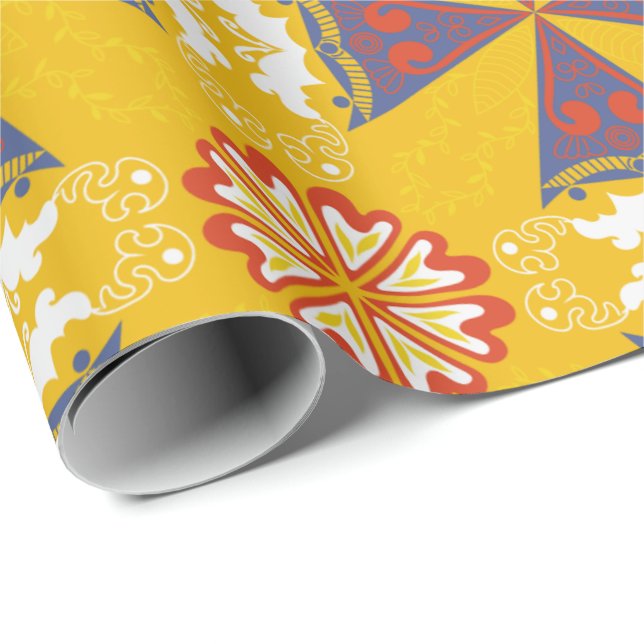 Papel De Presente Padrão geométrico contínuo com laranja, azul (Ponta do rolo)
