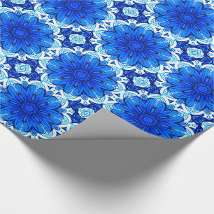Papel De Presente Padrão Geométrico da Flor no Azul Cobalto e no Mar