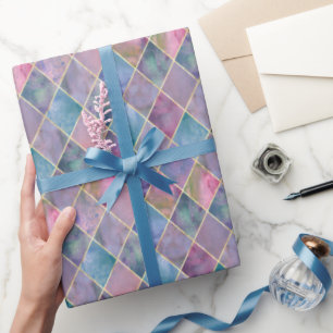 Papel De Presente Padrão Geométrico de Diamante em Aquarela Harlequi