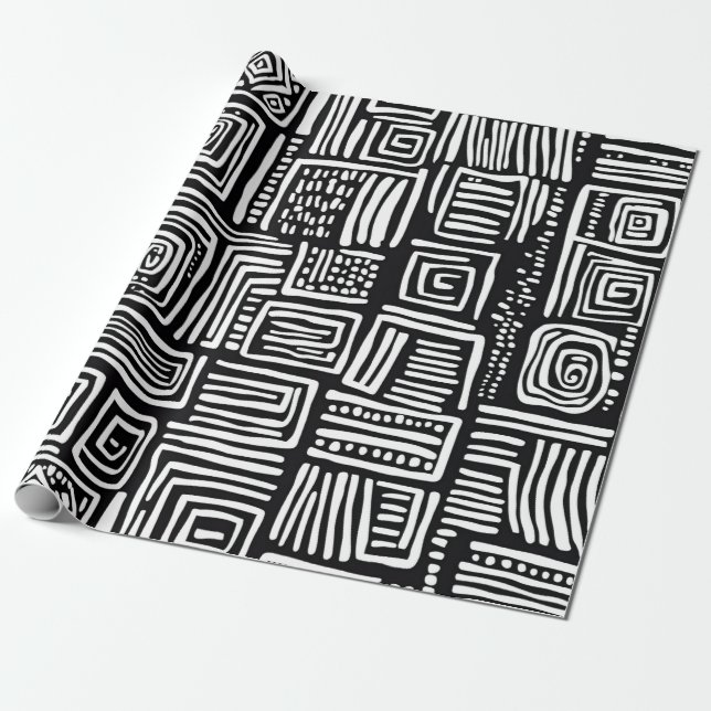 Papel De Presente Padrão Geométrico de Linha Preto e Branco Abstrato (Desenrolado)