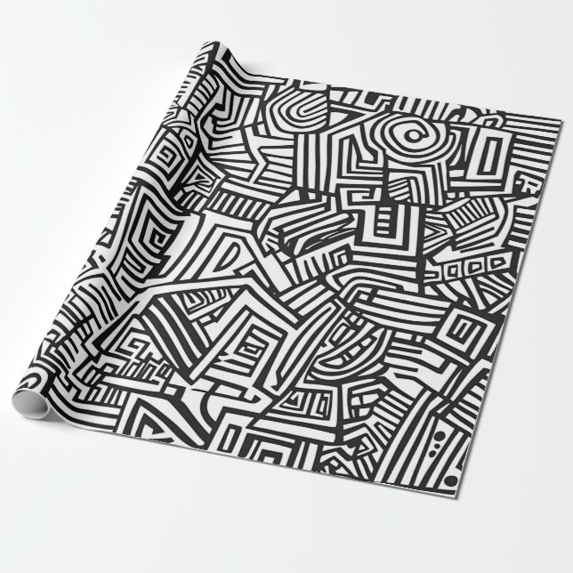 Papel De Presente Padrão Geométrico de Linha Preto e Branco Abstrato (Desenrolado)