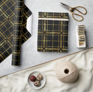 Papel De Presente Padrão geométrico de linhas preto e dourado