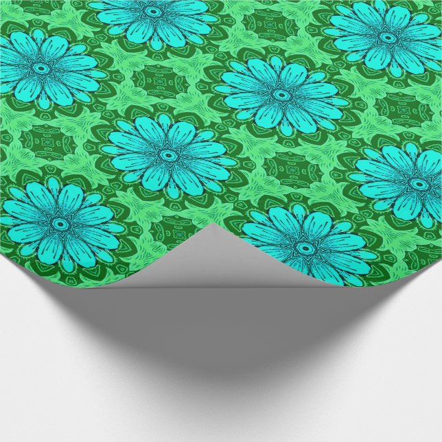 Papel De Presente Padrão geométrico de margarida em Turquesa e Verde (Ponta)