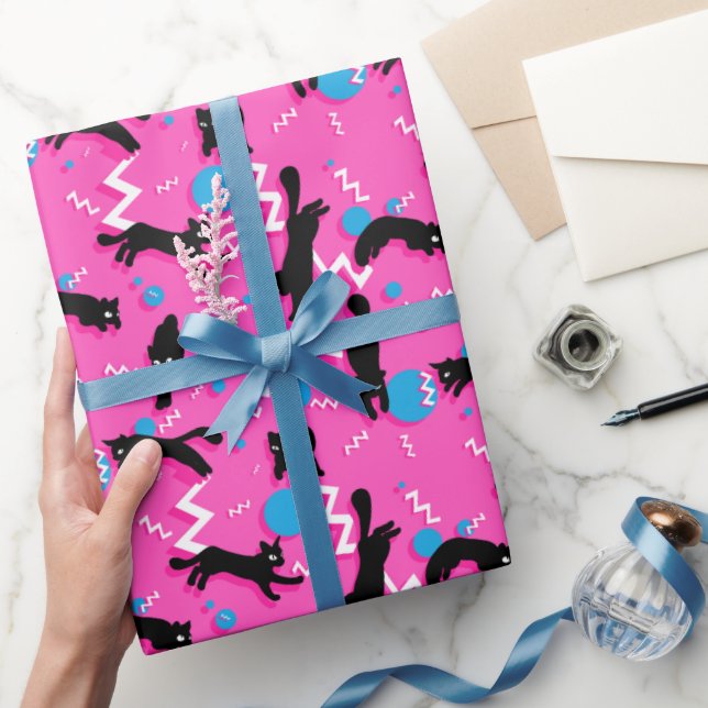 Papel De Presente Padrão Geométrico de Memphis Preto, Rosa, dos 80 G (Presentear)