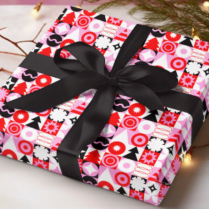 Papel De Presente Padrão Geométrico de Natal Vermelho Moderno Rosa