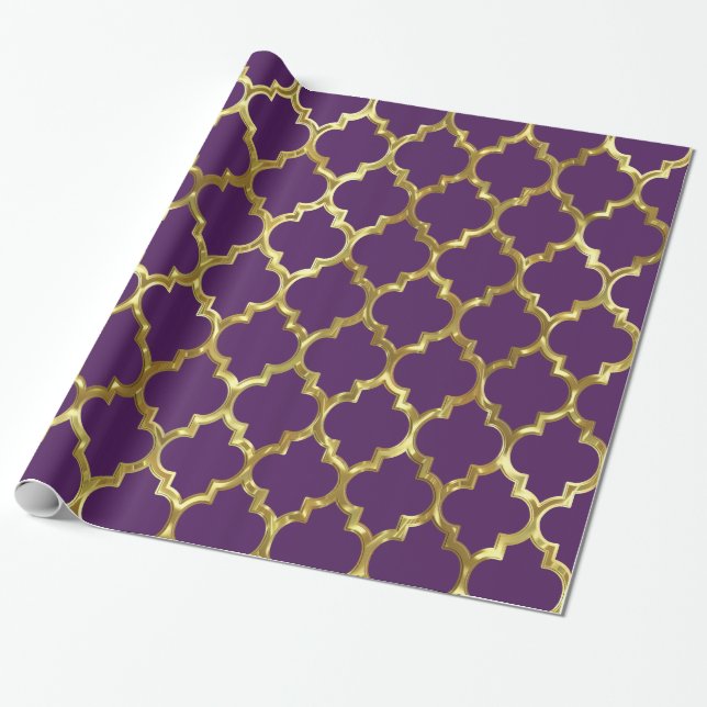Papel De Presente Padrão Geométrico De Quatrefoil Dourado Em Roxo (Desenrolado)