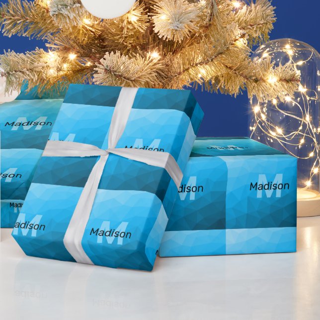 Papel De Presente Padrão geométrico do gradiente ciano azul Monogram (Feriados)