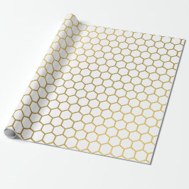 Papel De Presente Padrão Geométrico do Hexágono Branco e Dourado