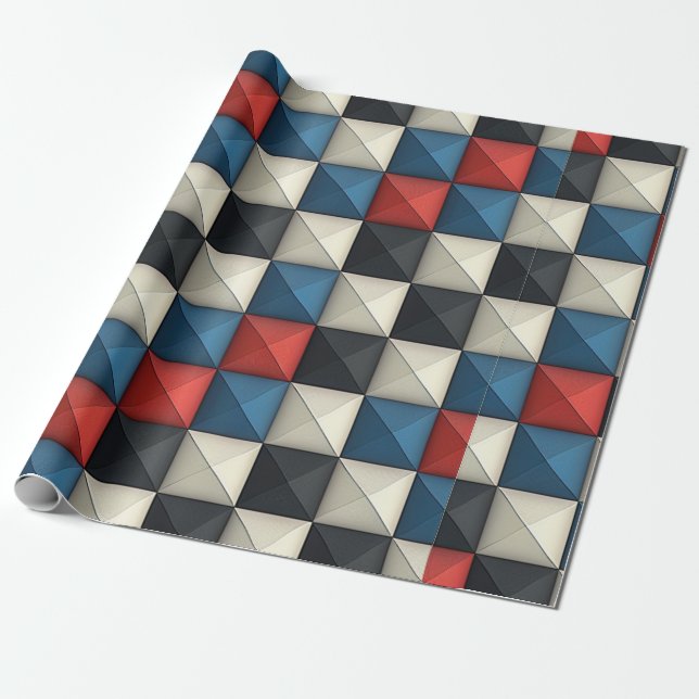 Papel De Presente Padrão Geométrico em Pirâmide 3D - Vermelho, Azul  (Desenrolado)