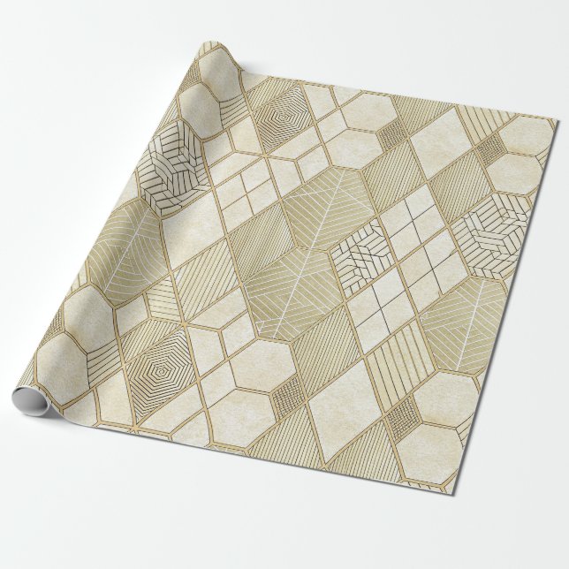 Papel De Presente Padrão Geométrico Hexágono Dourado Elegante - Márm (Desenrolado)