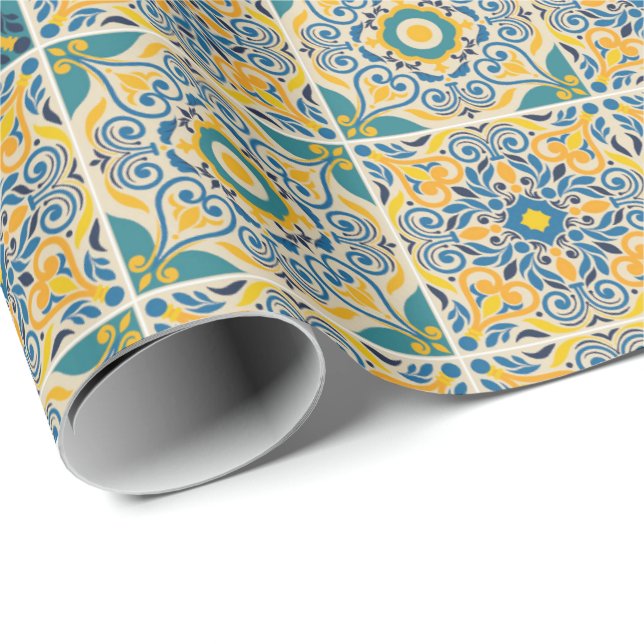 Papel De Presente Padrão geométrico intrincado com azul, amarelo (Ponta do rolo)