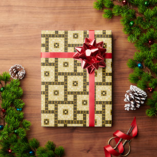 Papel De Presente Padrão Geométrico Ornamental Preto, Branco e Doura