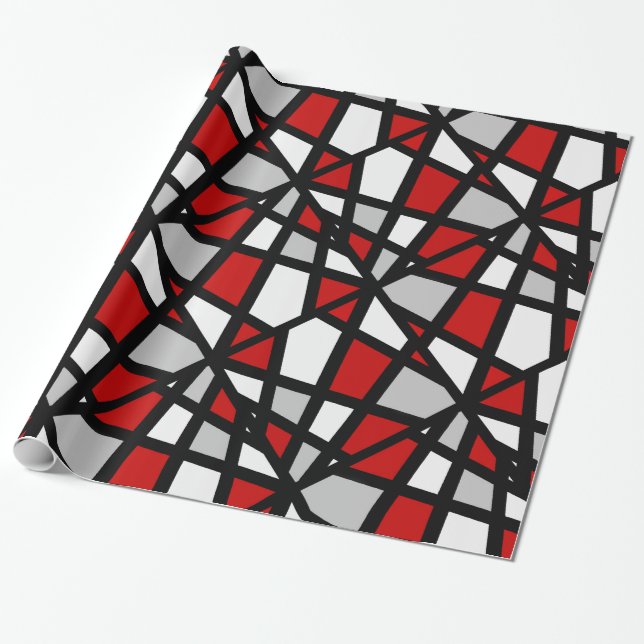 Papel De Presente Padrão Geométrico Preto da Cinza Vermelha (Desenrolado)