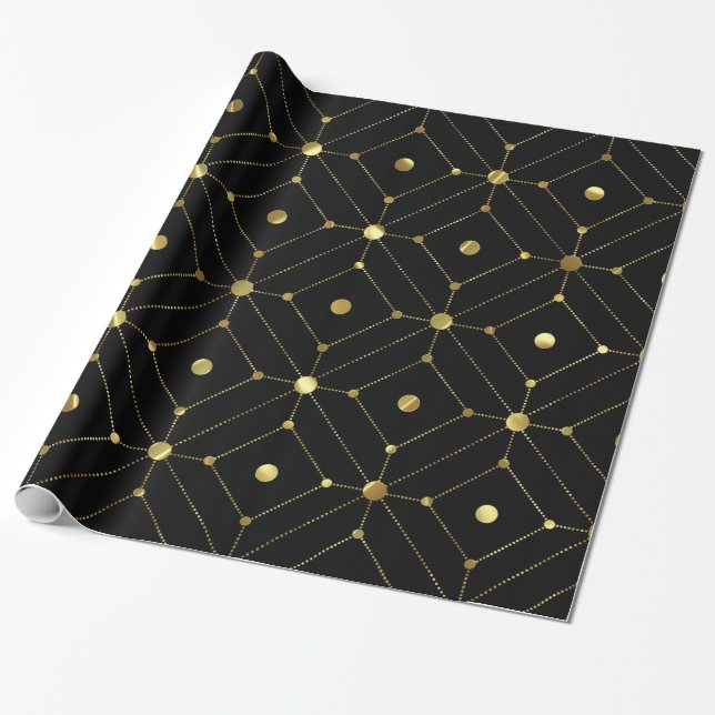 Papel De Presente Padrão geométrico preto-e-ouro (Desenrolado)