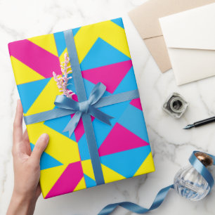 Papel De Presente Padrão Geométrico Quadrado Azul Amarelo Rosa