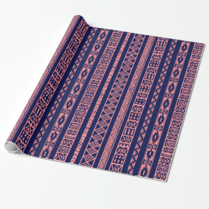 Papel De Presente Padrão Geométrico Tribal Azul E Vermelho-Coral