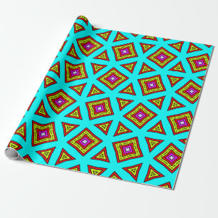 Papel De Presente Padrão Geométrico Turquesa, Vermelho, Amarelo e Ro