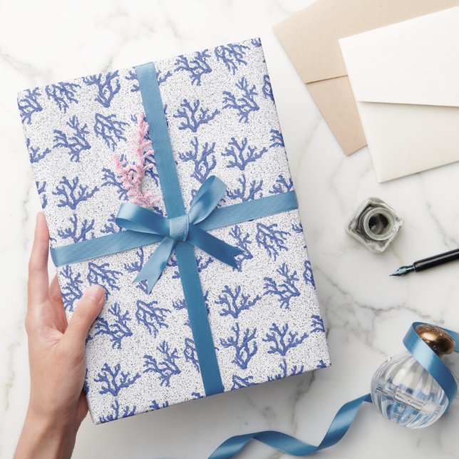 Papel De Presente Padrão geral de coral marinho azul e branco (Presentear)