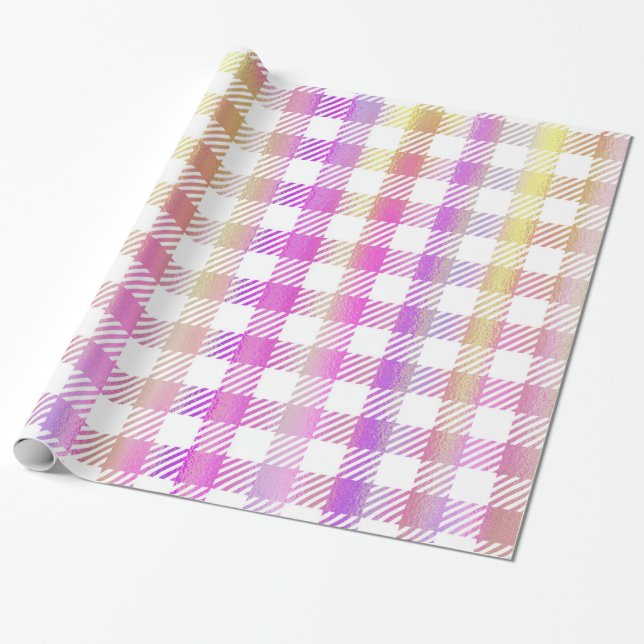 Papel De Presente Padrão Gingham, Iridescente, Laranja Cor-de-Rosa,  (Desenrolado)