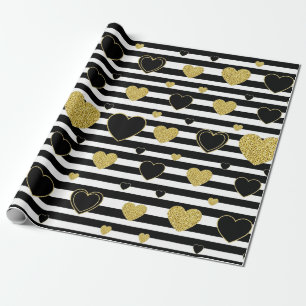 Papel De Presente Padrão Glam Black Stripe Gold Heart (7)