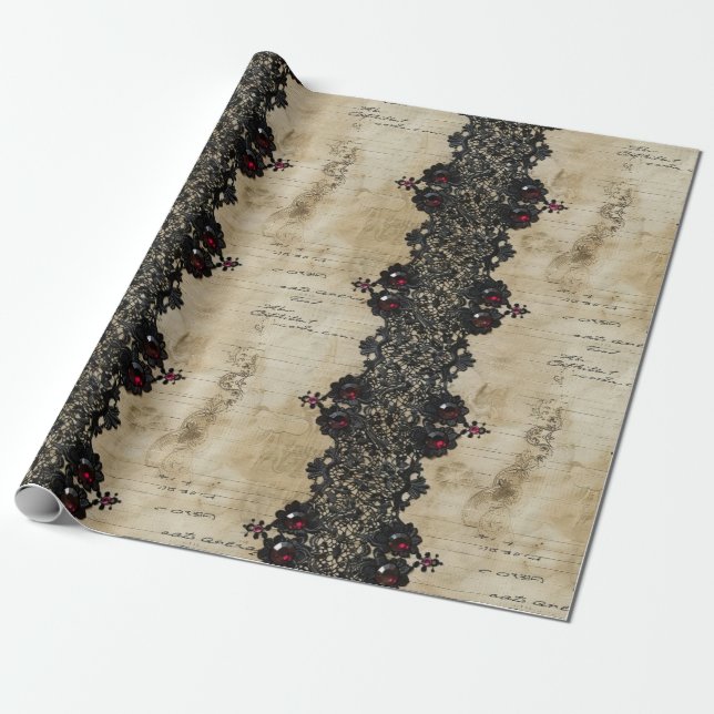Papel De Presente Padrão Gótico de Renda Rubi Victoriano (4) (Desenrolado)