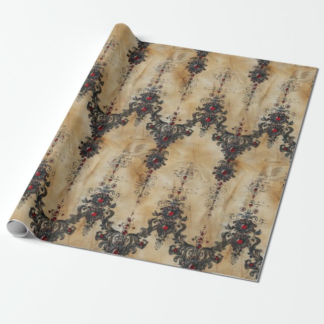 Papel De Presente Padrão Gótico de Renda Rubi Victoriano (5) (Desenrolado)