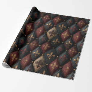 Papel De Presente Padrão Harlequim de Flor-de-Lis Medieval Tuftada (