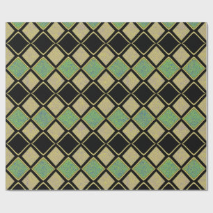 Papel De Presente Padrão Harlequim em Dourado, Verde e Preto