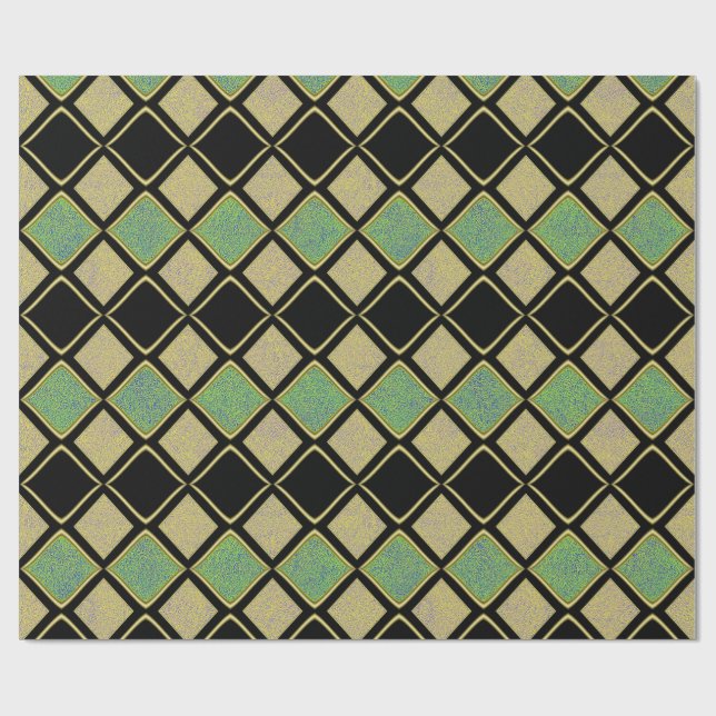 Papel De Presente Padrão Harlequim em Dourado, Verde e Preto  (Aberto)