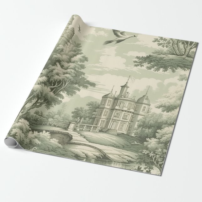 Papel De Presente Padrão Histórico Verde Francês de Toile Cênica (Desenrolado)