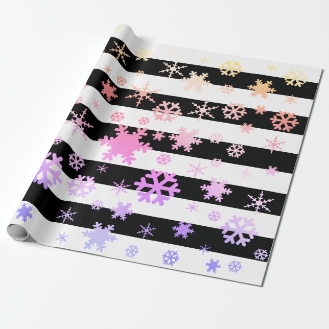 Papel De Presente Padrão Holográfico Negro do Floco de Neve (Desenrolado)