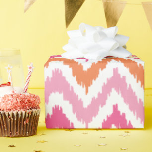 Papel De Presente Padrão Ikat de Tangerina Rosa Zigzags
