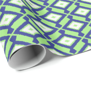 Papel De Presente Padrão Ikat - Verde, Azul Indigo e Branco
