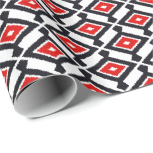 Papel De Presente Padrão Ikat - Vermelho escuro, preto e branco