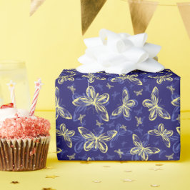 Papel De Presente Padrão Ilustrado de Borboleta Azul e Amarelo