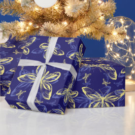 Papel De Presente Padrão Ilustrado de Borboleta Azul e Amarelo