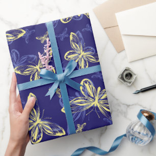 Papel De Presente Padrão Ilustrado de Borboleta Azul e Amarelo