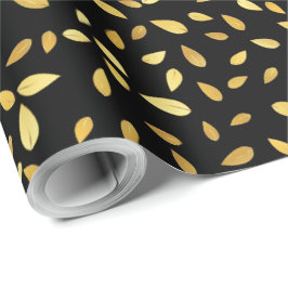 Papel De Presente Padrão Ilustrado de Folhas Negras e Douradas Moder