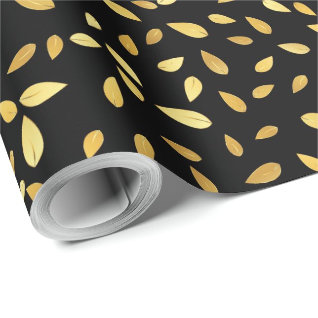 Papel De Presente Padrão Ilustrado de Folhas Negras e Douradas Moder (Ponta do rolo)