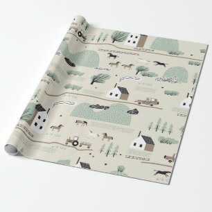 Papel De Presente Padrão incolor com casa, árvores, cavalo