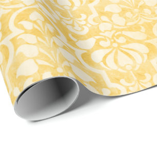 Papel De Presente Padrão Invisível de Damasco Vitoriano Amarelo