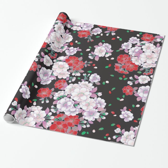 Papel De Presente Padrão Japonês Rosa Red Sakura Fine Vintage (Desenrolado)