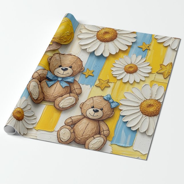 Papel De Presente Padrão Jardim de Margaridas do Ursinho (11) (Desenrolado)