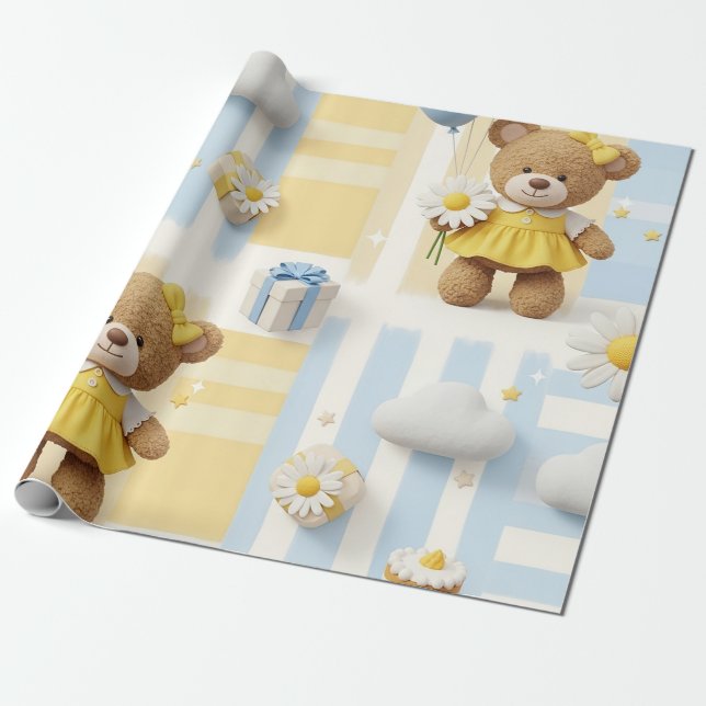 Papel De Presente Padrão Jardim de Margaridas do Ursinho (8) (Desenrolado)