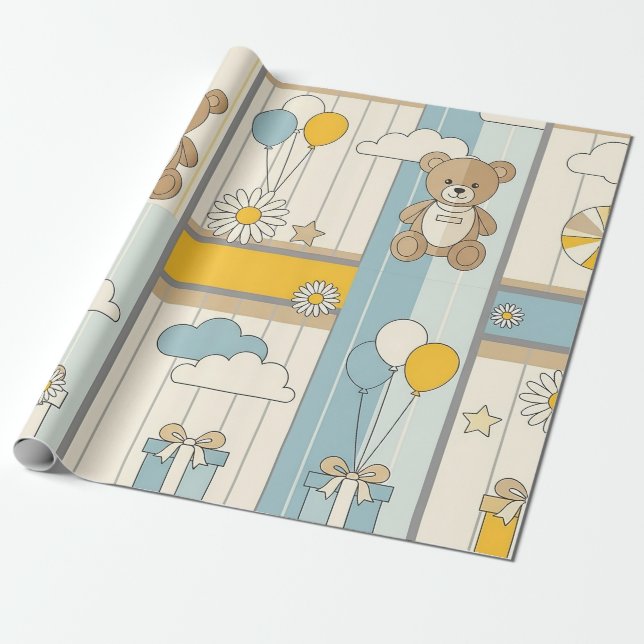 Papel De Presente Padrão Jardim de Margaridas do Ursinho (9) (Desenrolado)