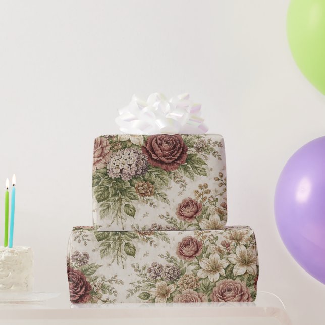 Papel De Presente Padrão Jardim de Rosa Bege Antiga (Presentes para festas)
